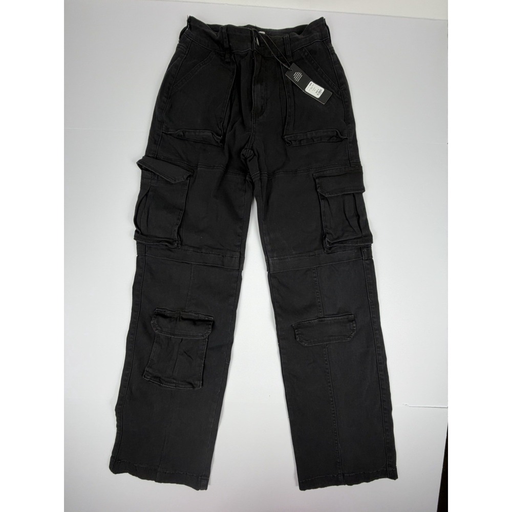 Fashion Nova Cargo Pants Womens Small Black Wide Leg Utility Streetwear NWT